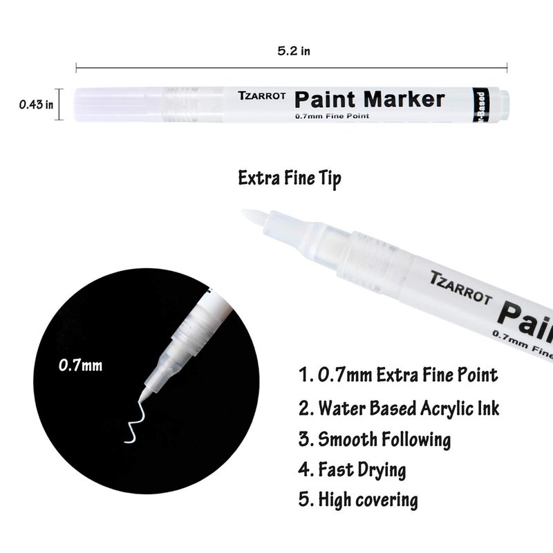 TZARROT White Paint Pen, 8 Pack 0.7mm Acrylic Paint Pens with 2 White 2 Black 2 Gold 2 Silver Permanent Marker for Wood Rock Fabric Metal Plastic Ceramic Acrylic Markers Extra Fine Tip - Image 3